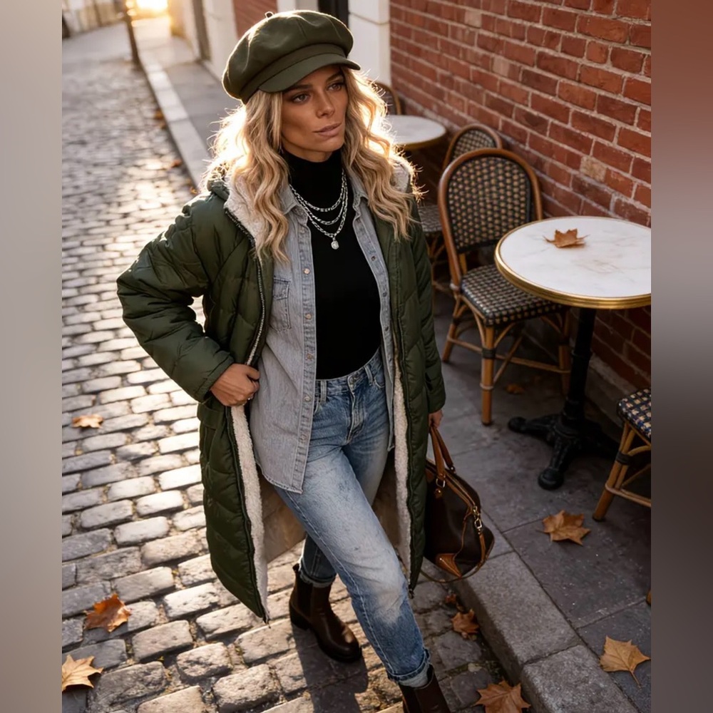 Womenβs Reversible Puffer Coat W/Sherpa Lining, Army Green, Size XL (12), NWOT - Picture 6 of 16